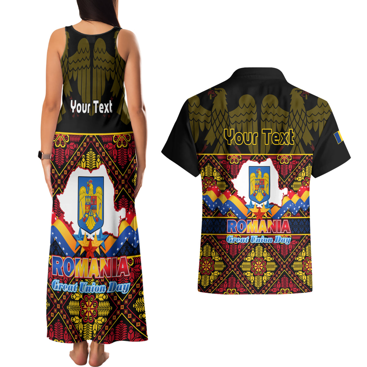 Personalised Romania Great Union Day Couples Matching Tank Maxi Dress and Hawaiian Shirt Ziua Marii Uniri 105th Anniversary - Wonder Print Shop