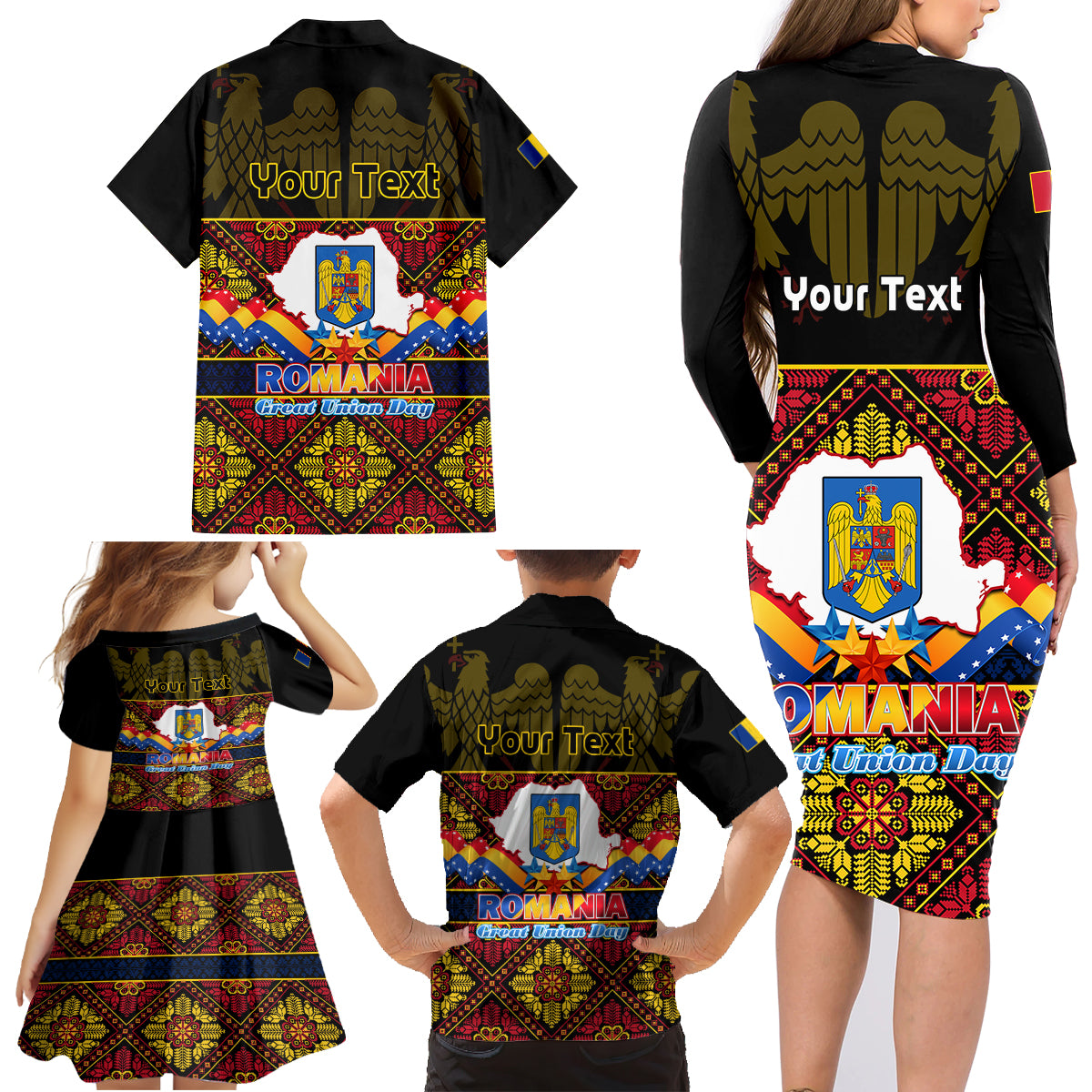 Personalised Romania Great Union Day Family Matching Long Sleeve Bodycon Dress and Hawaiian Shirt Ziua Marii Uniri 105th Anniversary - Wonder Print Shop