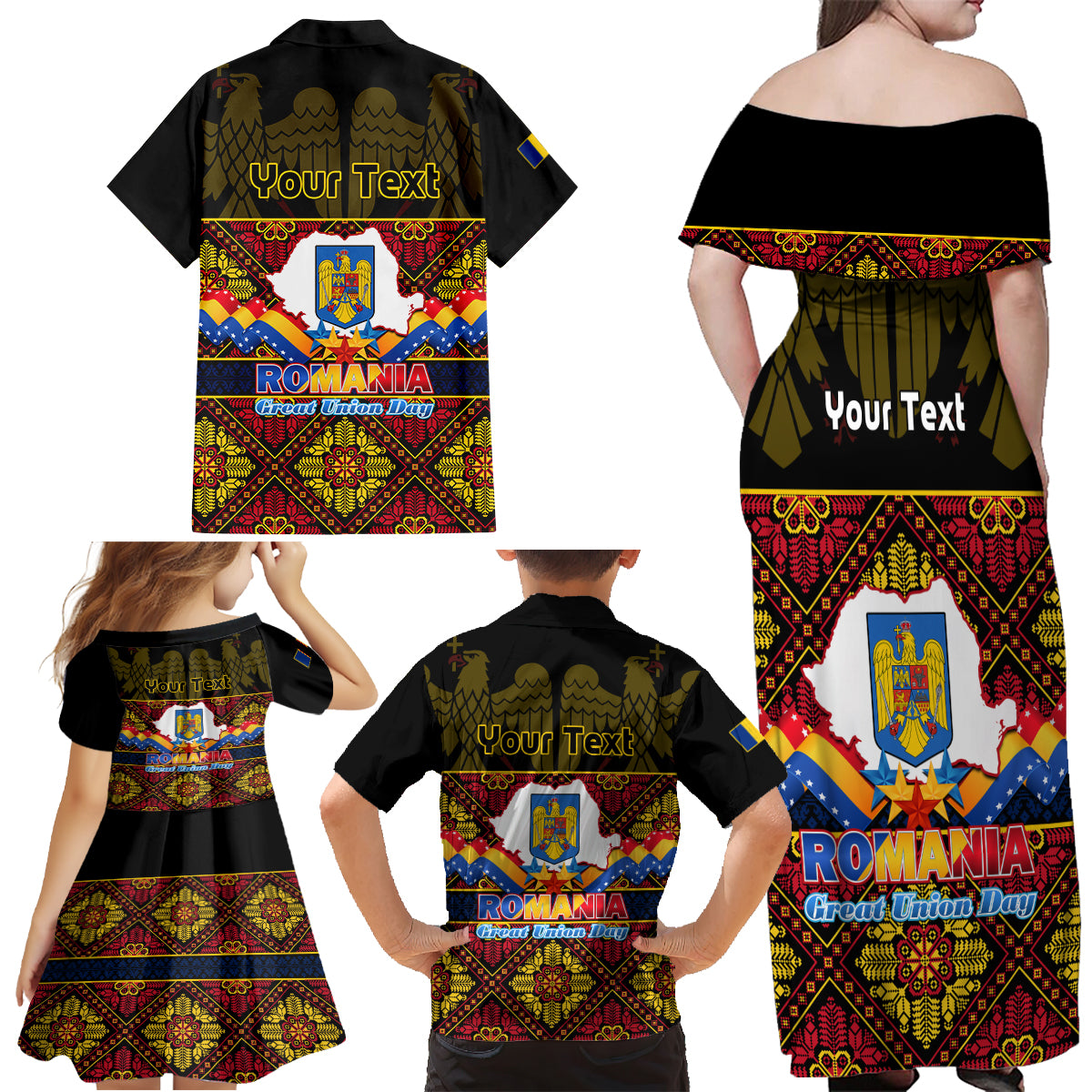 Personalised Romania Great Union Day Family Matching Off Shoulder Maxi Dress and Hawaiian Shirt Ziua Marii Uniri 105th Anniversary - Wonder Print Shop