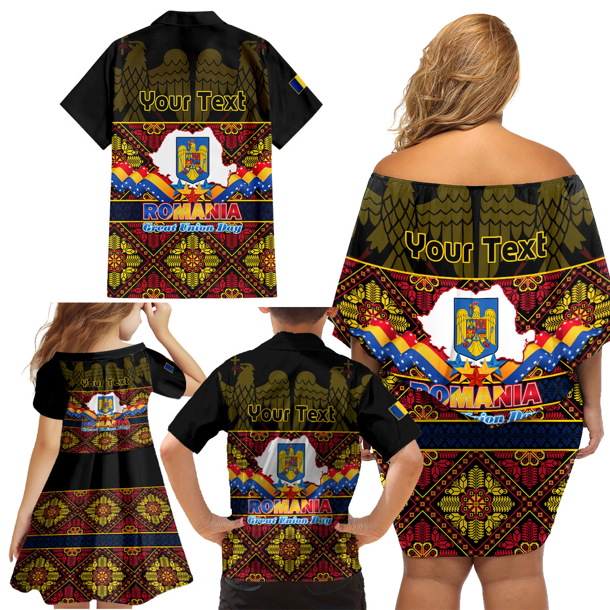 Personalised Romania Great Union Day Family Matching Off Shoulder Short Dress and Hawaiian Shirt Ziua Marii Uniri 105th Anniversary - Wonder Print Shop