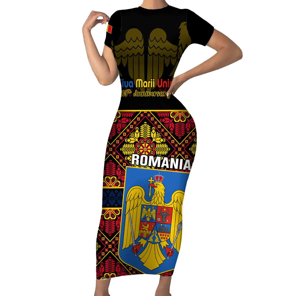 Personalised Romania Great Union Day Family Matching Short Sleeve Bodycon Dress and Hawaiian Shirt Ziua Marii Uniri 105th Anniversary - Wonder Print Shop