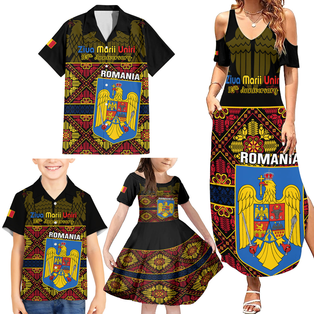 personalised-romania-great-union-day-family-matching-summer-maxi-dress-and-hawaiian-shirt-ziua-marii-uniri-105th-anniversary
