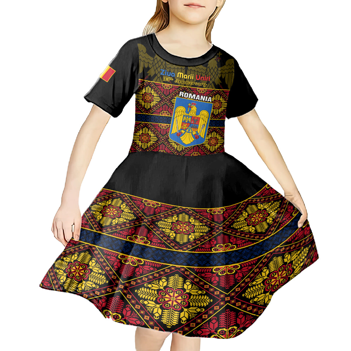 Personalised Romania Great Union Day Kid Short Sleeve Dress Ziua Marii Uniri 105th Anniversary - Wonder Print Shop