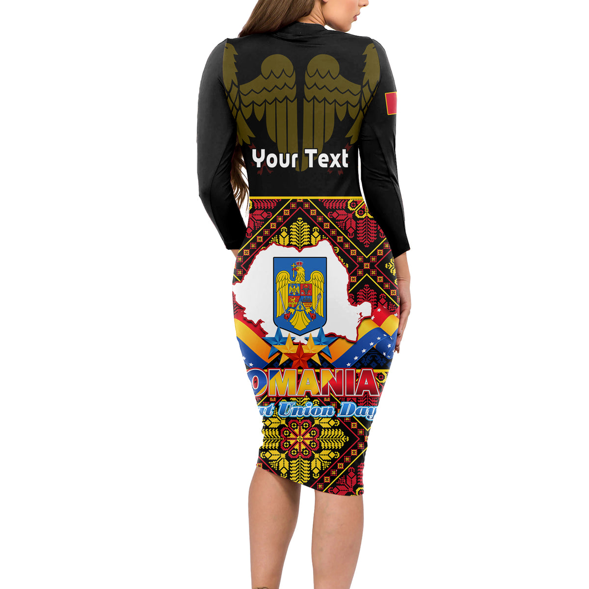 Personalised Romania Great Union Day Long Sleeve Bodycon Dress Ziua Marii Uniri 105th Anniversary - Wonder Print Shop