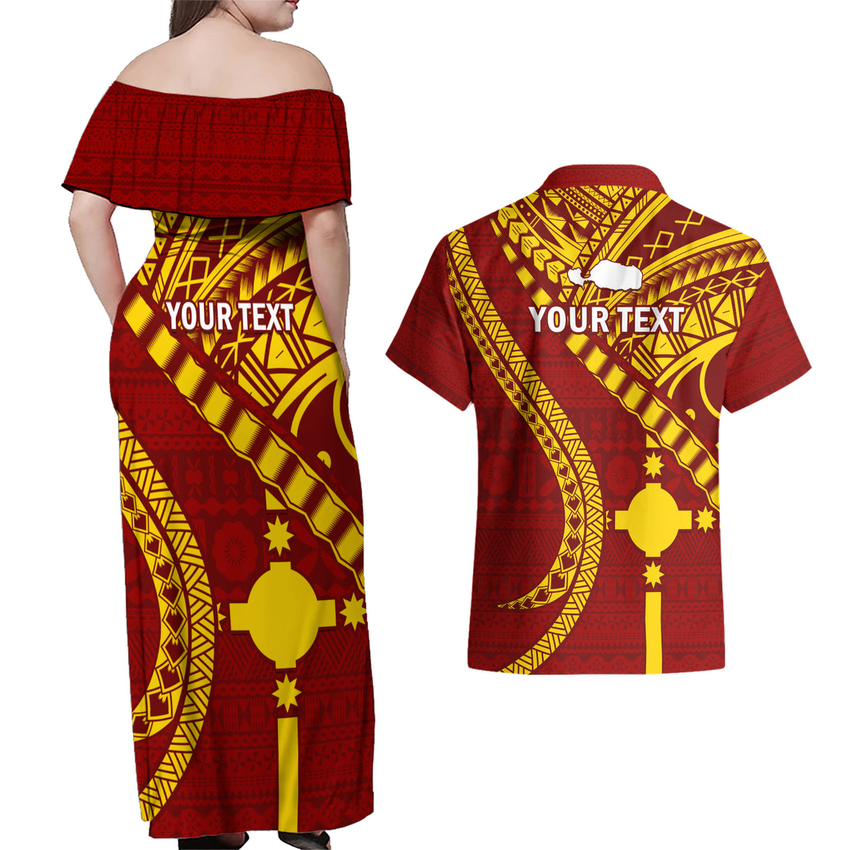 Personalised Fiji Rotuma Couples Matching Off Shoulder Maxi Dress and Hawaiian Shirt Fijian Tapa Pattern - Wonder Print Shop