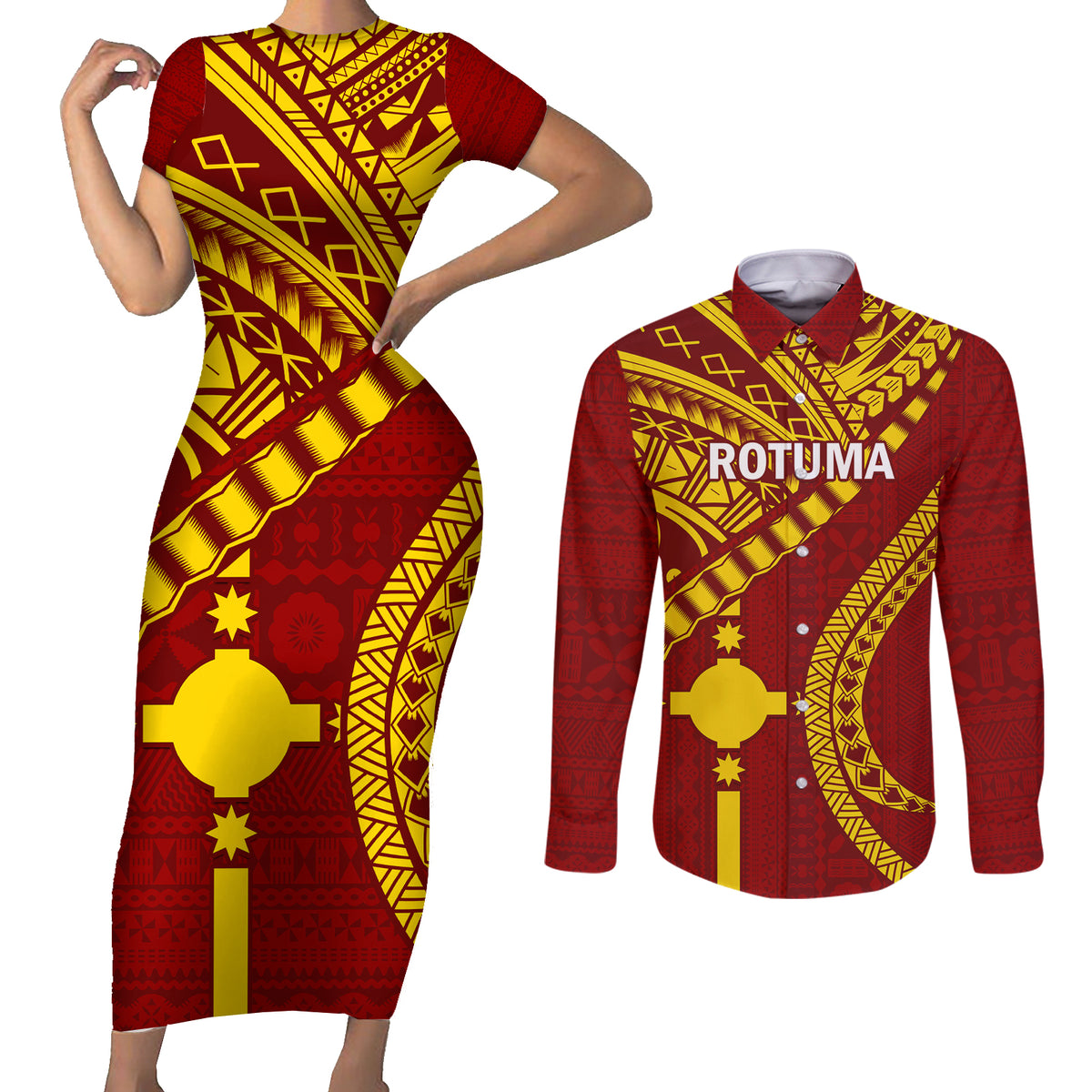 Personalised Fiji Rotuma Couples Matching Short Sleeve Bodycon Dress and Long Sleeve Button Shirt Fijian Tapa Pattern - Wonder Print Shop