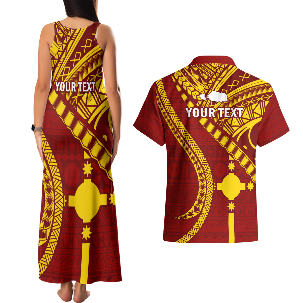 Personalised Fiji Rotuma Couples Matching Tank Maxi Dress and Hawaiian Shirt Fijian Tapa Pattern - Wonder Print Shop