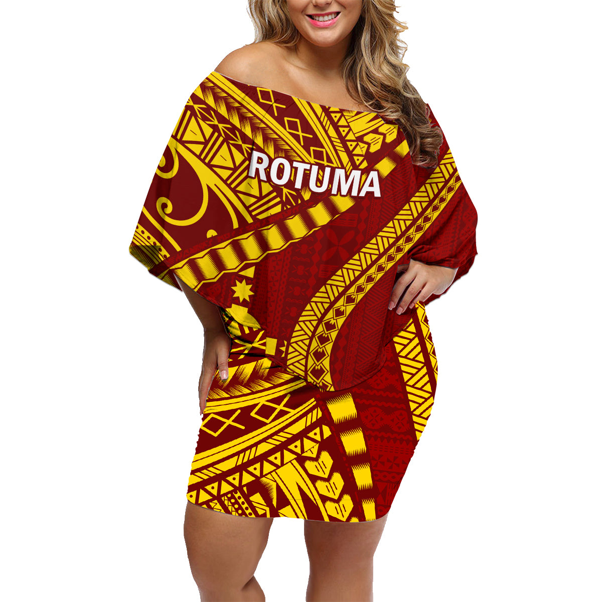 Personalised Fiji Rotuma Family Matching Off Shoulder Short Dress and Hawaiian Shirt Fijian Tapa Pattern - Wonder Print Shop