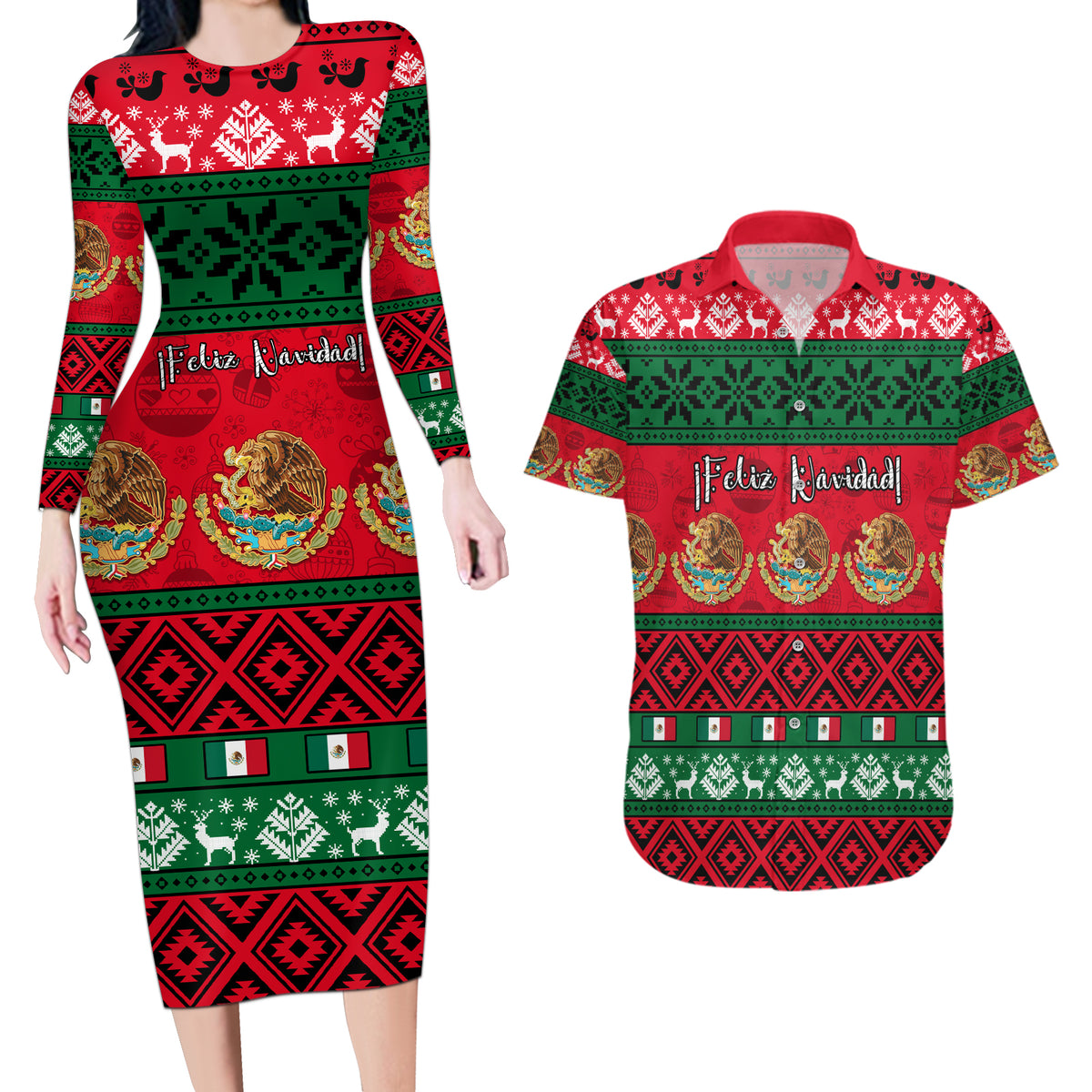 Personalised Mexico Christmas Couples Matching Long Sleeve Bodycon Dress and Hawaiian Shirt Feliz Navidad Mexican Pattern - Wonder Print Shop