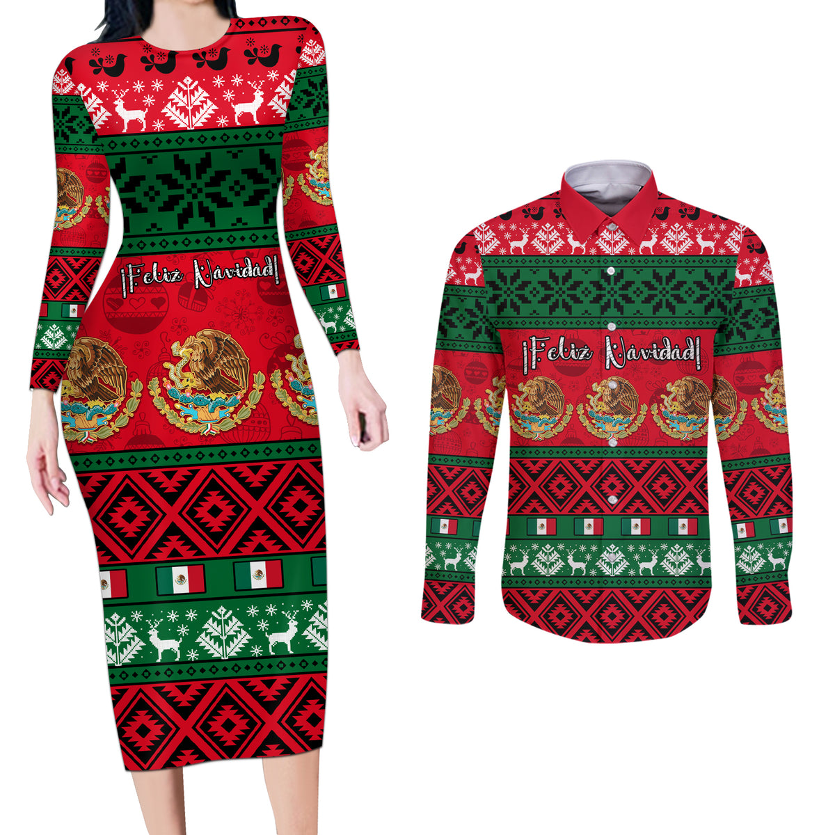 Personalised Mexico Christmas Couples Matching Long Sleeve Bodycon Dress and Long Sleeve Button Shirt Feliz Navidad Mexican Pattern - Wonder Print Shop