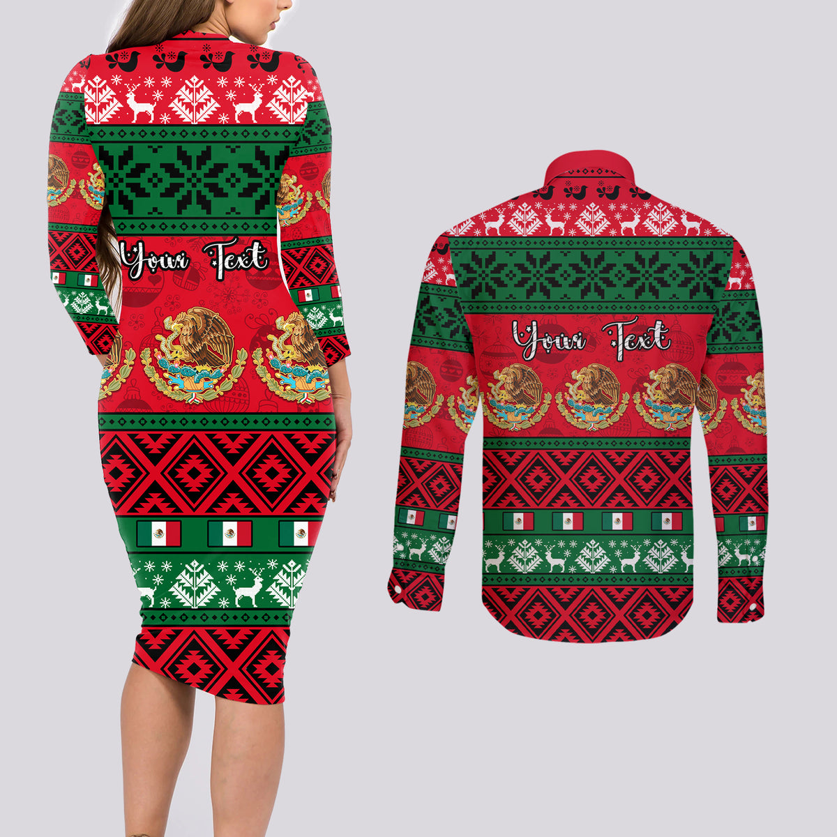 Personalised Mexico Christmas Couples Matching Long Sleeve Bodycon Dress and Long Sleeve Button Shirt Feliz Navidad Mexican Pattern - Wonder Print Shop