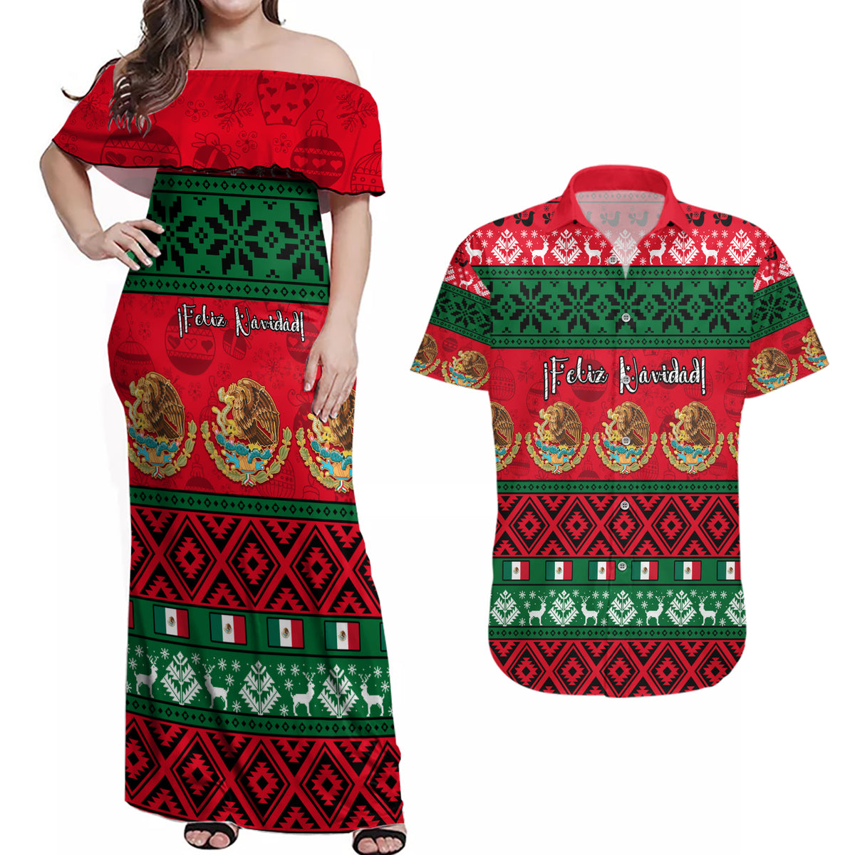 Personalised Mexico Christmas Couples Matching Off Shoulder Maxi Dress and Hawaiian Shirt Feliz Navidad Mexican Pattern - Wonder Print Shop