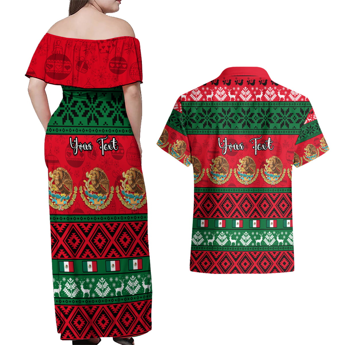 Personalised Mexico Christmas Couples Matching Off Shoulder Maxi Dress and Hawaiian Shirt Feliz Navidad Mexican Pattern - Wonder Print Shop