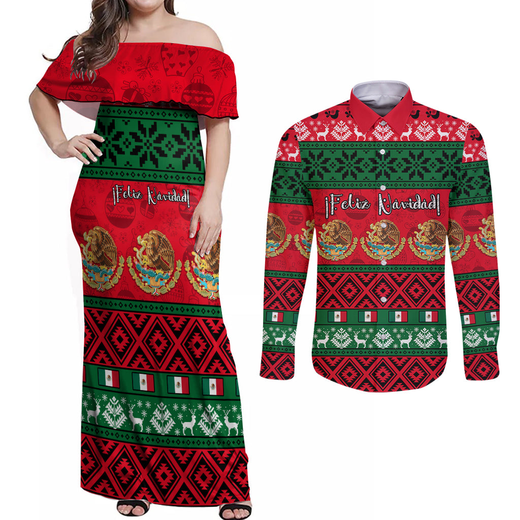 Personalised Mexico Christmas Couples Matching Off Shoulder Maxi Dress and Long Sleeve Button Shirt Feliz Navidad Mexican Pattern - Wonder Print Shop