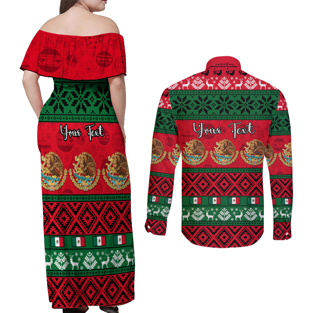 Personalised Mexico Christmas Couples Matching Off Shoulder Maxi Dress and Long Sleeve Button Shirt Feliz Navidad Mexican Pattern - Wonder Print Shop