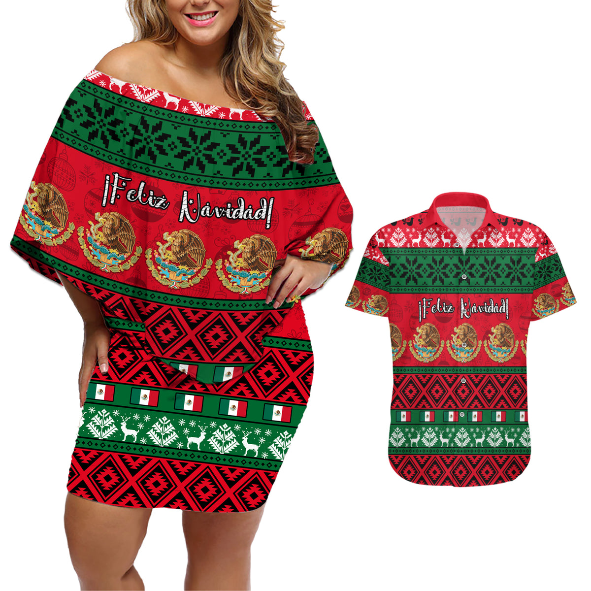 Personalised Mexico Christmas Couples Matching Off Shoulder Short Dress and Hawaiian Shirt Feliz Navidad Mexican Pattern - Wonder Print Shop