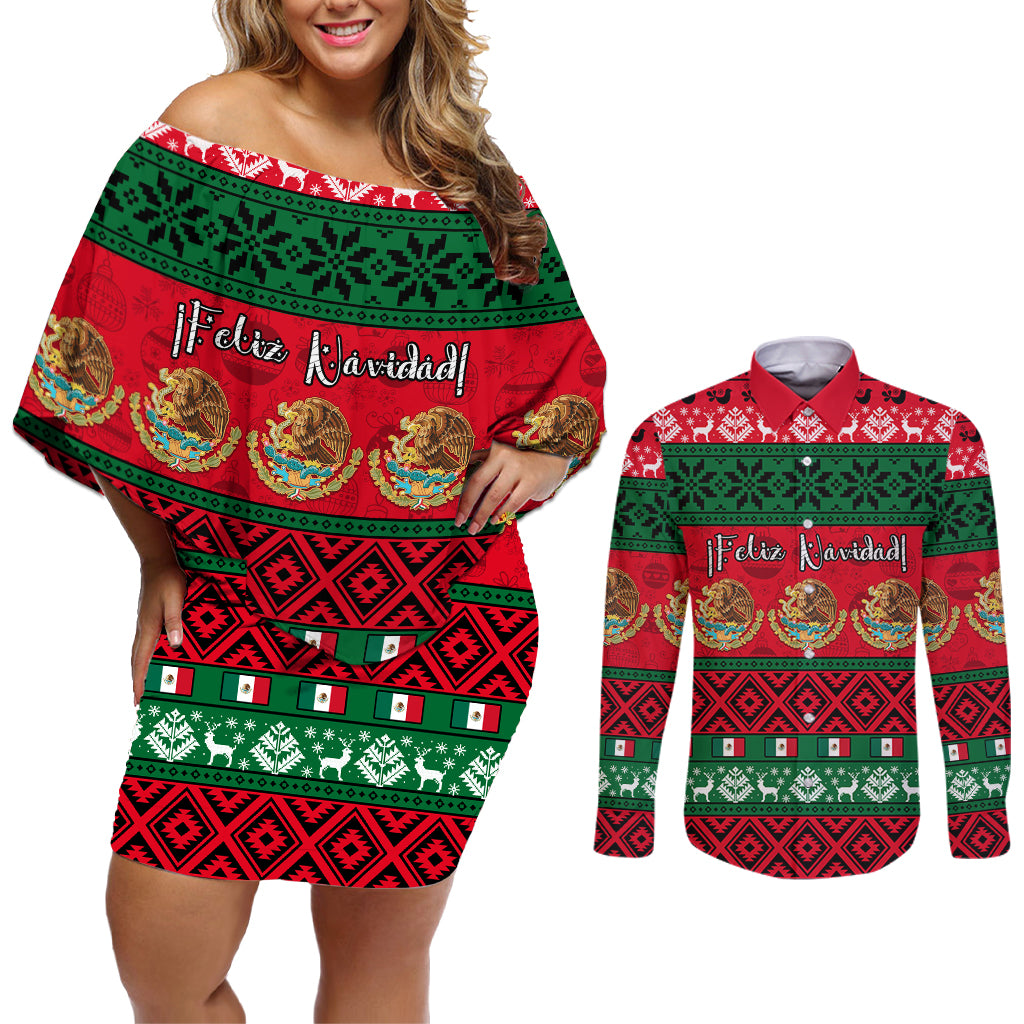 Personalised Mexico Christmas Couples Matching Off Shoulder Short Dress and Long Sleeve Button Shirt Feliz Navidad Mexican Pattern - Wonder Print Shop