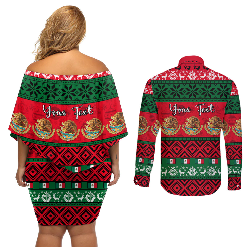 Personalised Mexico Christmas Couples Matching Off Shoulder Short Dress and Long Sleeve Button Shirt Feliz Navidad Mexican Pattern - Wonder Print Shop
