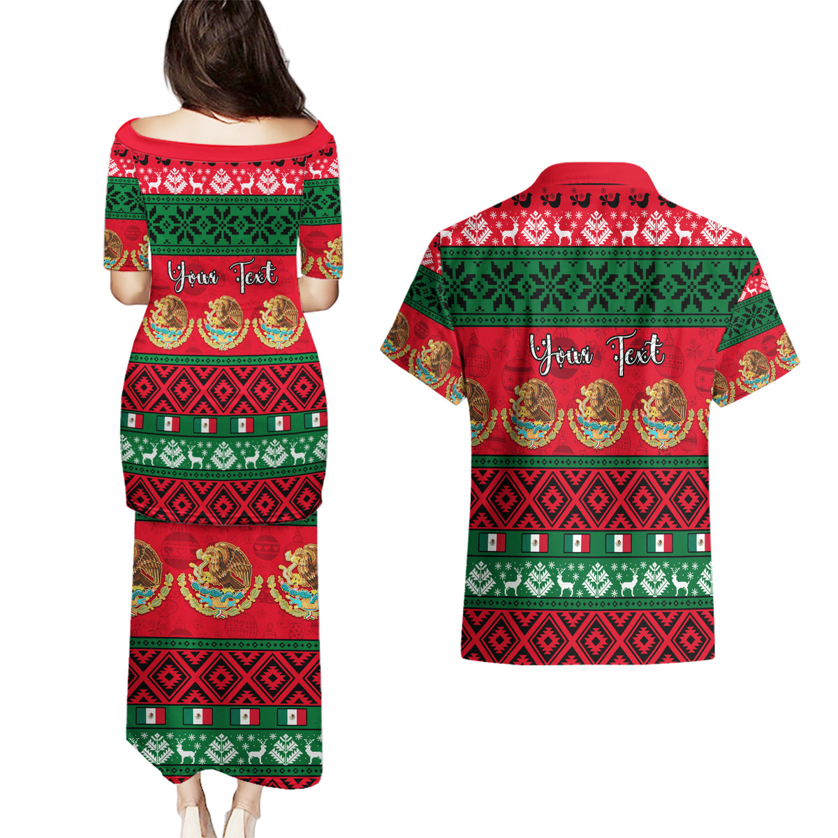 Personalised Mexico Christmas Couples Matching Puletasi Dress and Hawaiian Shirt Feliz Navidad Mexican Pattern - Wonder Print Shop