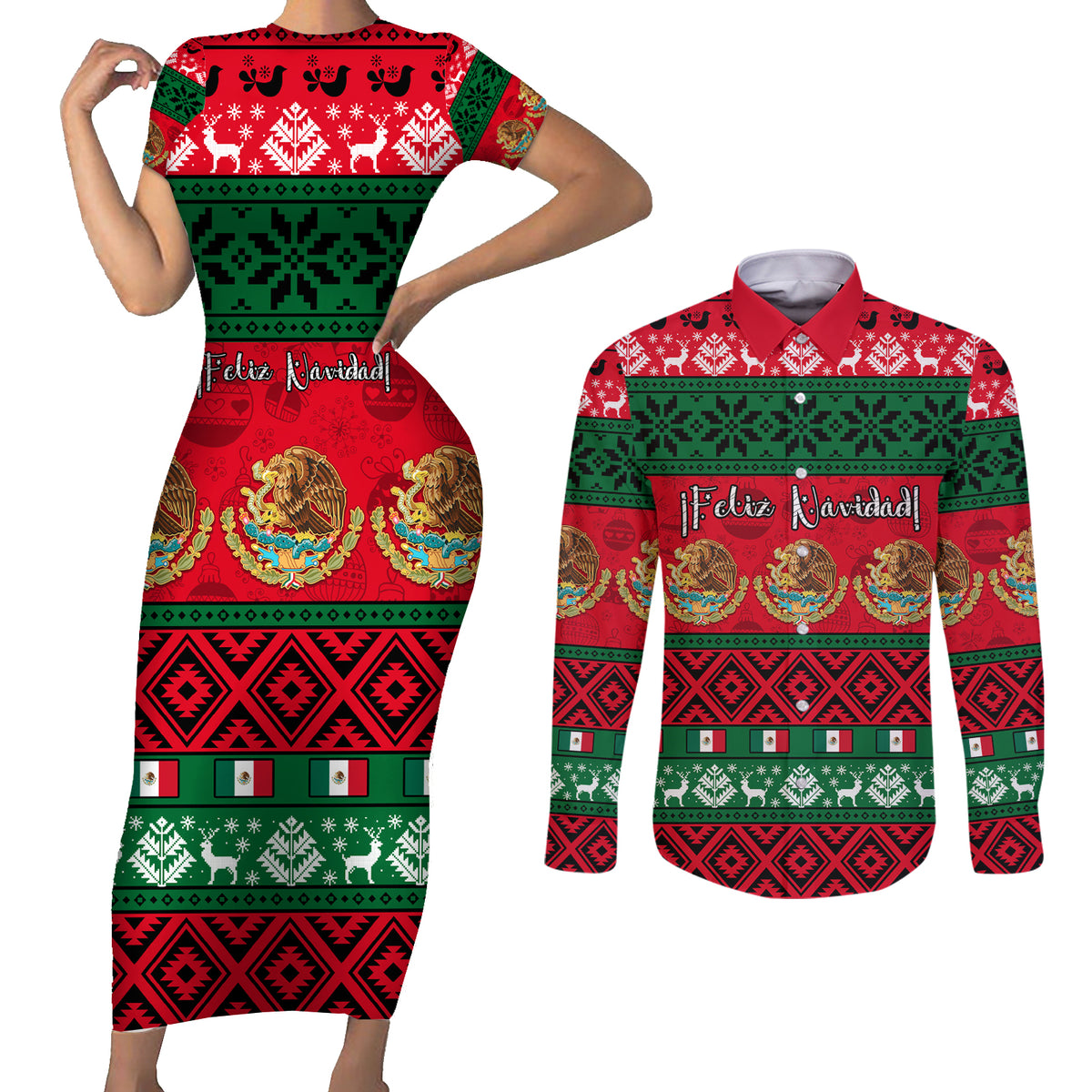 Personalised Mexico Christmas Couples Matching Short Sleeve Bodycon Dress and Long Sleeve Button Shirt Feliz Navidad Mexican Pattern - Wonder Print Shop