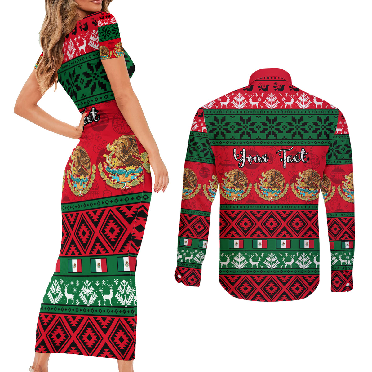 Personalised Mexico Christmas Couples Matching Short Sleeve Bodycon Dress and Long Sleeve Button Shirt Feliz Navidad Mexican Pattern - Wonder Print Shop