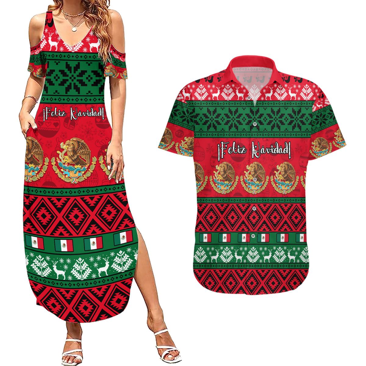 Personalised Mexico Christmas Couples Matching Summer Maxi Dress and Hawaiian Shirt Feliz Navidad Mexican Pattern - Wonder Print Shop