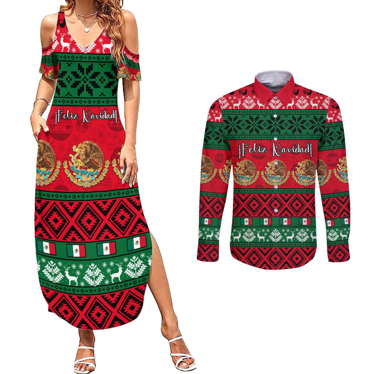 Personalised Mexico Christmas Couples Matching Summer Maxi Dress and Long Sleeve Button Shirt Feliz Navidad Mexican Pattern - Wonder Print Shop