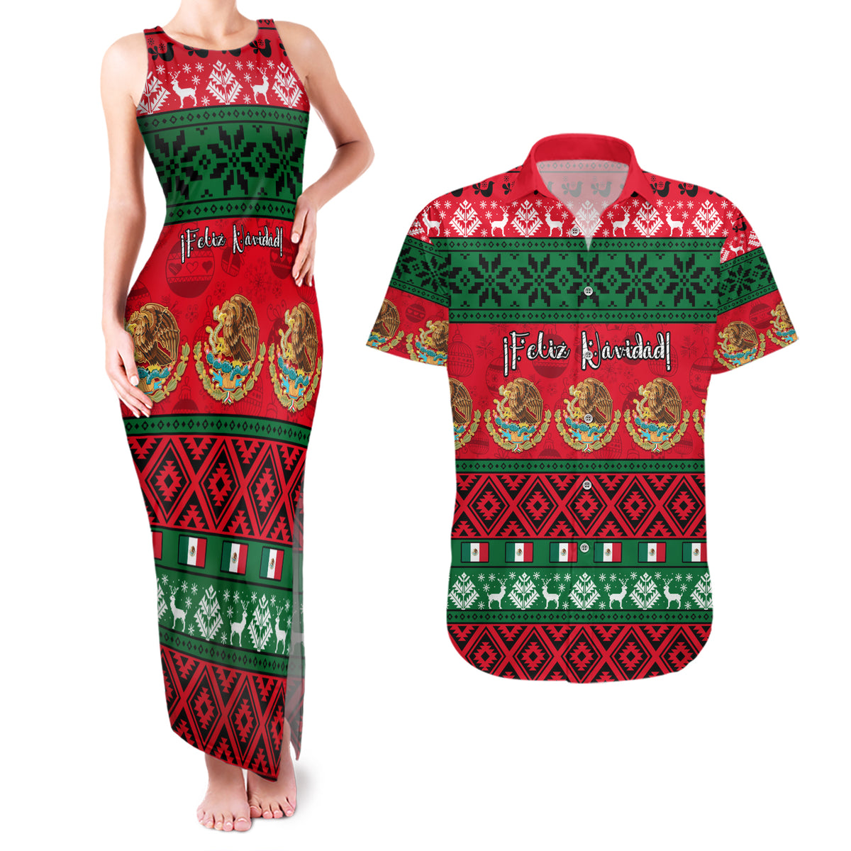 Personalised Mexico Christmas Couples Matching Tank Maxi Dress and Hawaiian Shirt Feliz Navidad Mexican Pattern - Wonder Print Shop