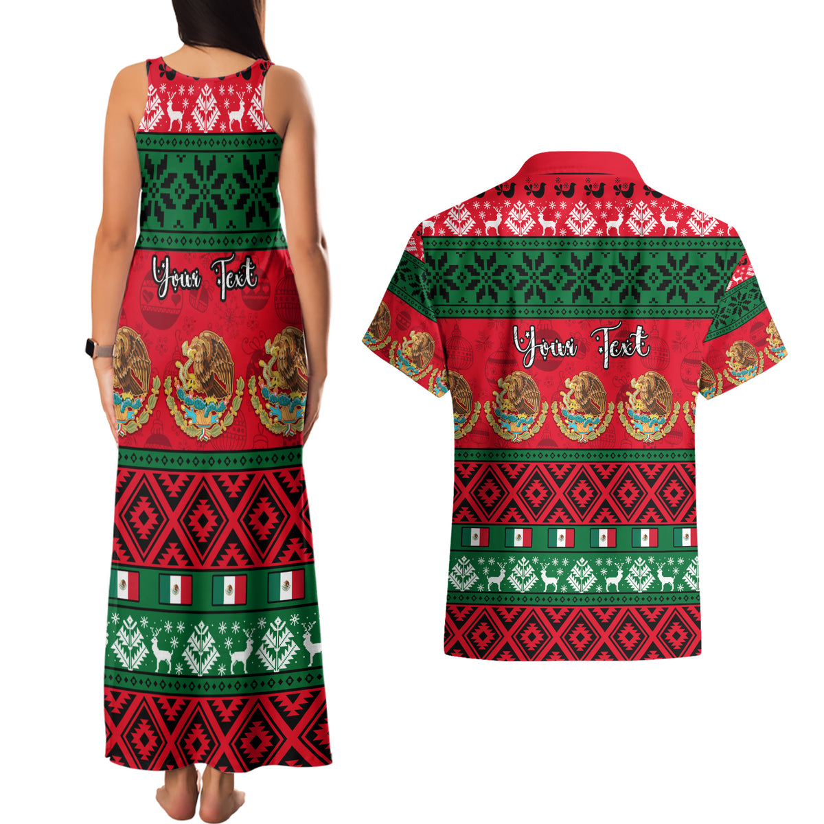 Personalised Mexico Christmas Couples Matching Tank Maxi Dress and Hawaiian Shirt Feliz Navidad Mexican Pattern - Wonder Print Shop