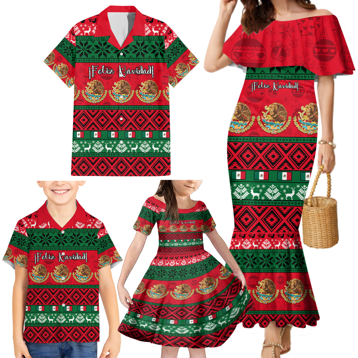 Personalised Mexico Christmas Family Matching Mermaid Dress and Hawaiian Shirt Feliz Navidad Mexican Pattern - Wonder Print Shop