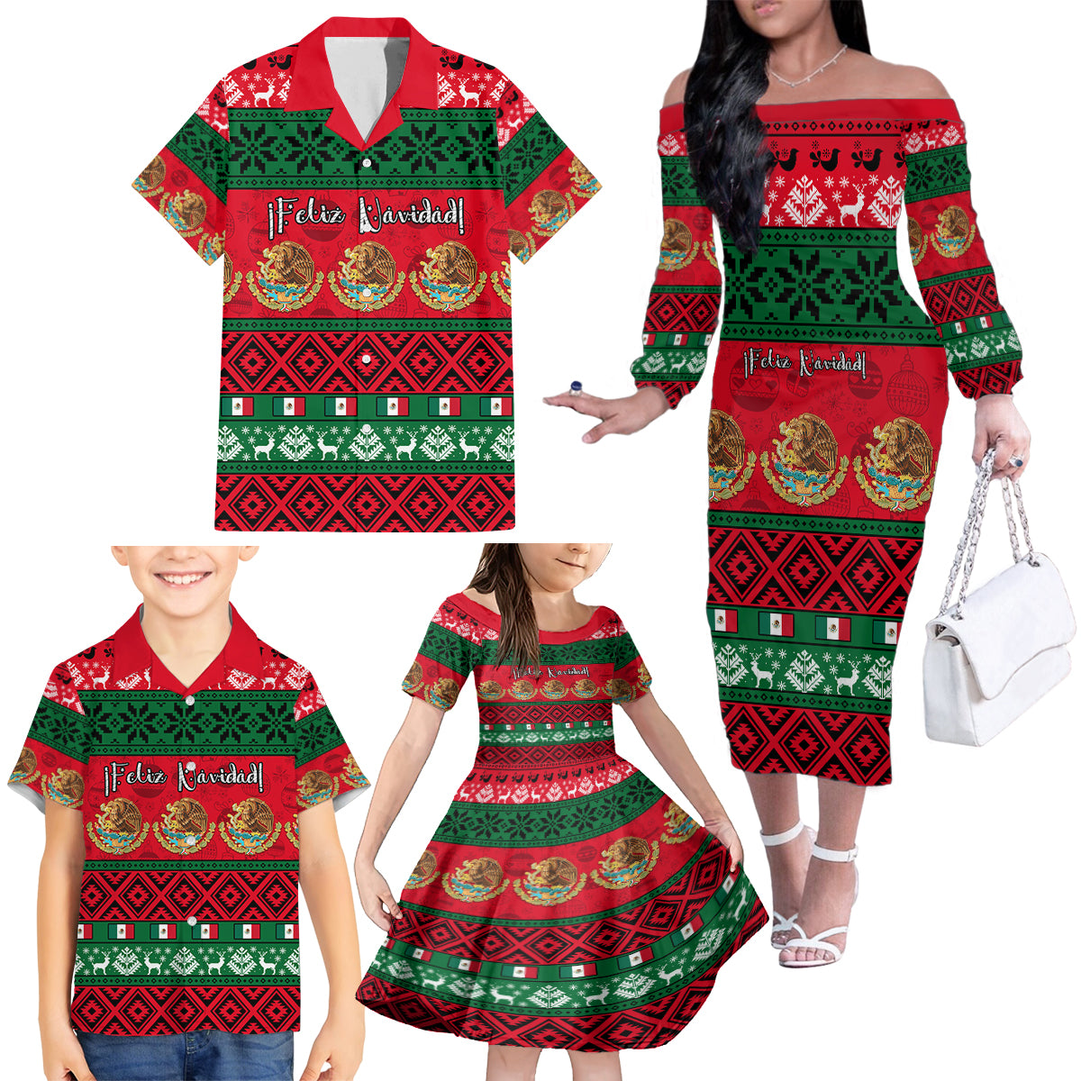 Personalised Mexico Christmas Family Matching Off Shoulder Long Sleeve Dress and Hawaiian Shirt Feliz Navidad Mexican Pattern - Wonder Print Shop
