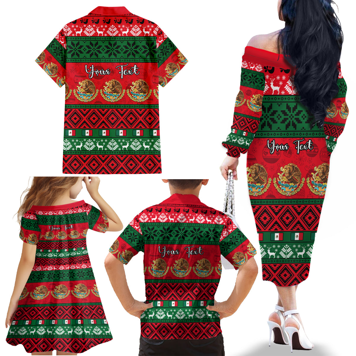 Personalised Mexico Christmas Family Matching Off Shoulder Long Sleeve Dress and Hawaiian Shirt Feliz Navidad Mexican Pattern - Wonder Print Shop