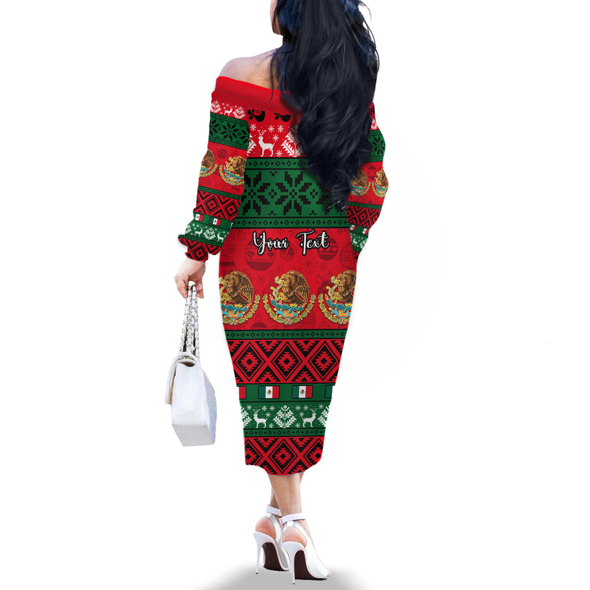 Personalised Mexico Christmas Family Matching Off Shoulder Long Sleeve Dress and Hawaiian Shirt Feliz Navidad Mexican Pattern - Wonder Print Shop
