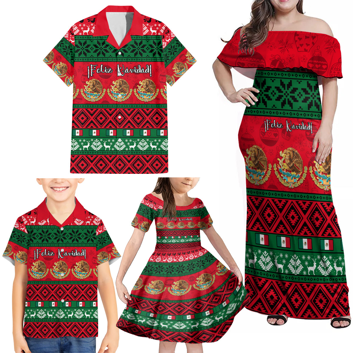 Personalised Mexico Christmas Family Matching Off Shoulder Maxi Dress and Hawaiian Shirt Feliz Navidad Mexican Pattern - Wonder Print Shop