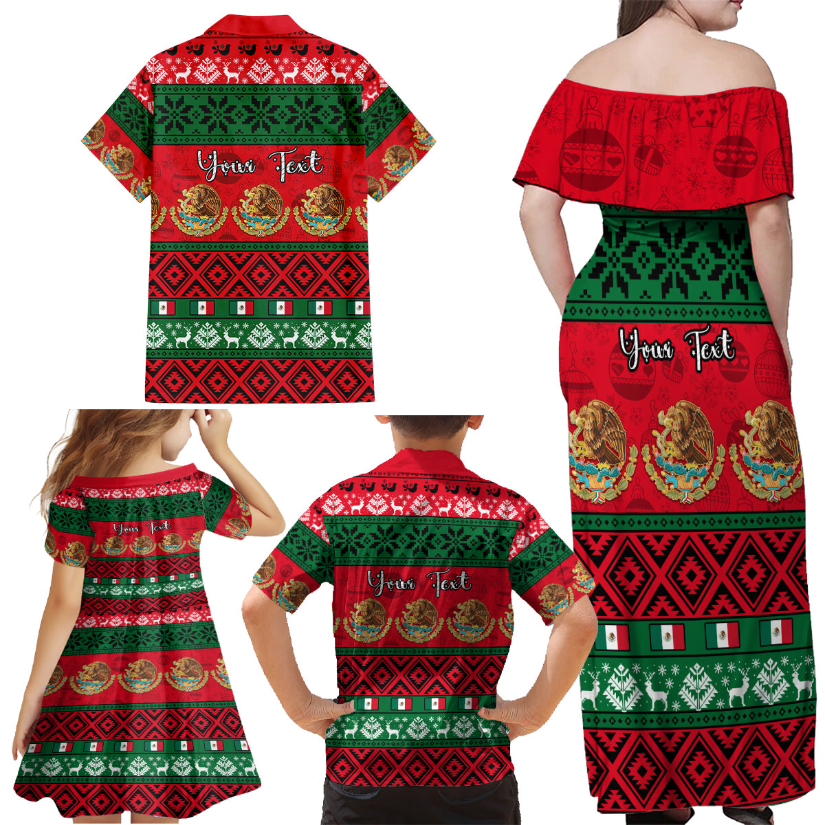 Personalised Mexico Christmas Family Matching Off Shoulder Maxi Dress and Hawaiian Shirt Feliz Navidad Mexican Pattern - Wonder Print Shop