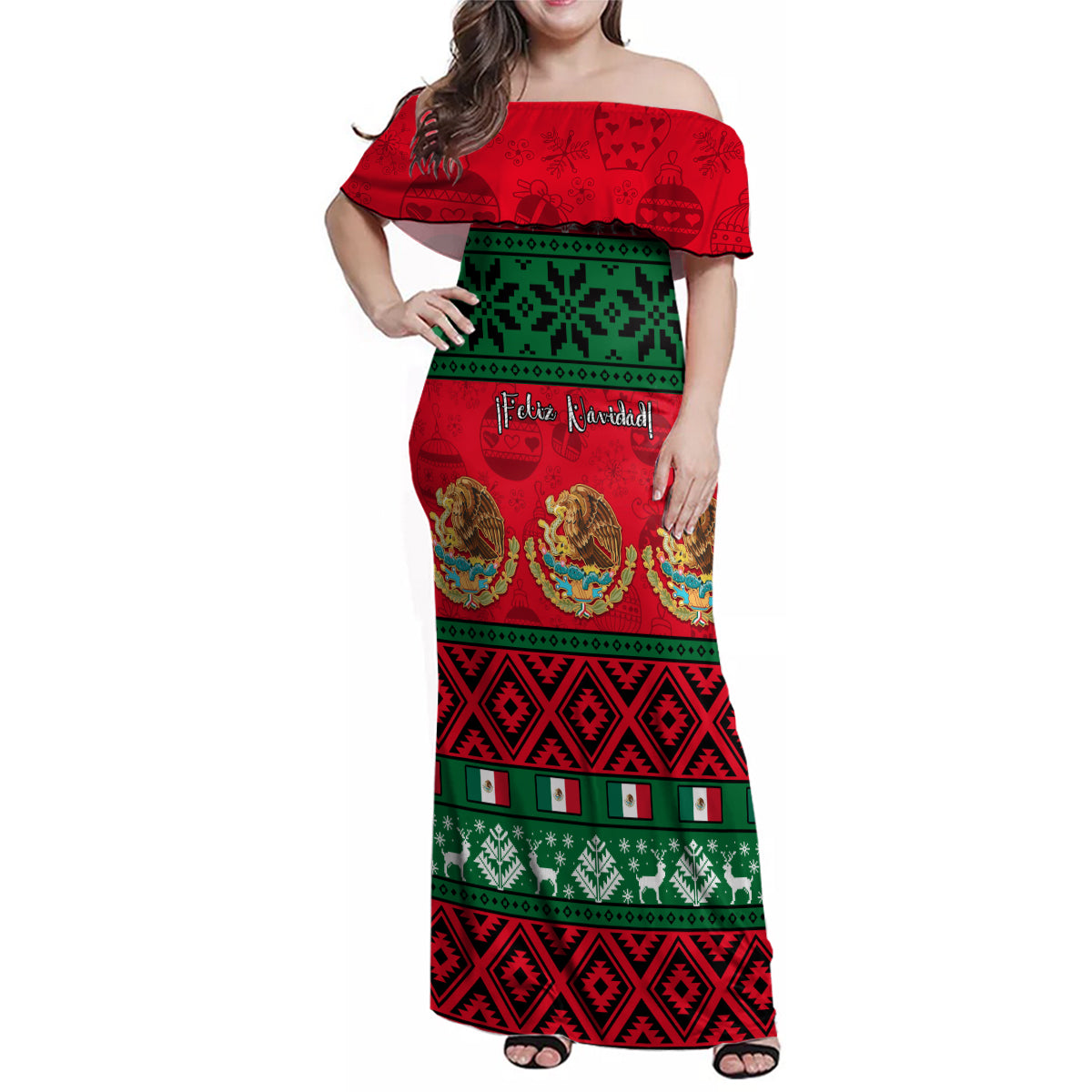 Personalised Mexico Christmas Family Matching Off Shoulder Maxi Dress and Hawaiian Shirt Feliz Navidad Mexican Pattern - Wonder Print Shop