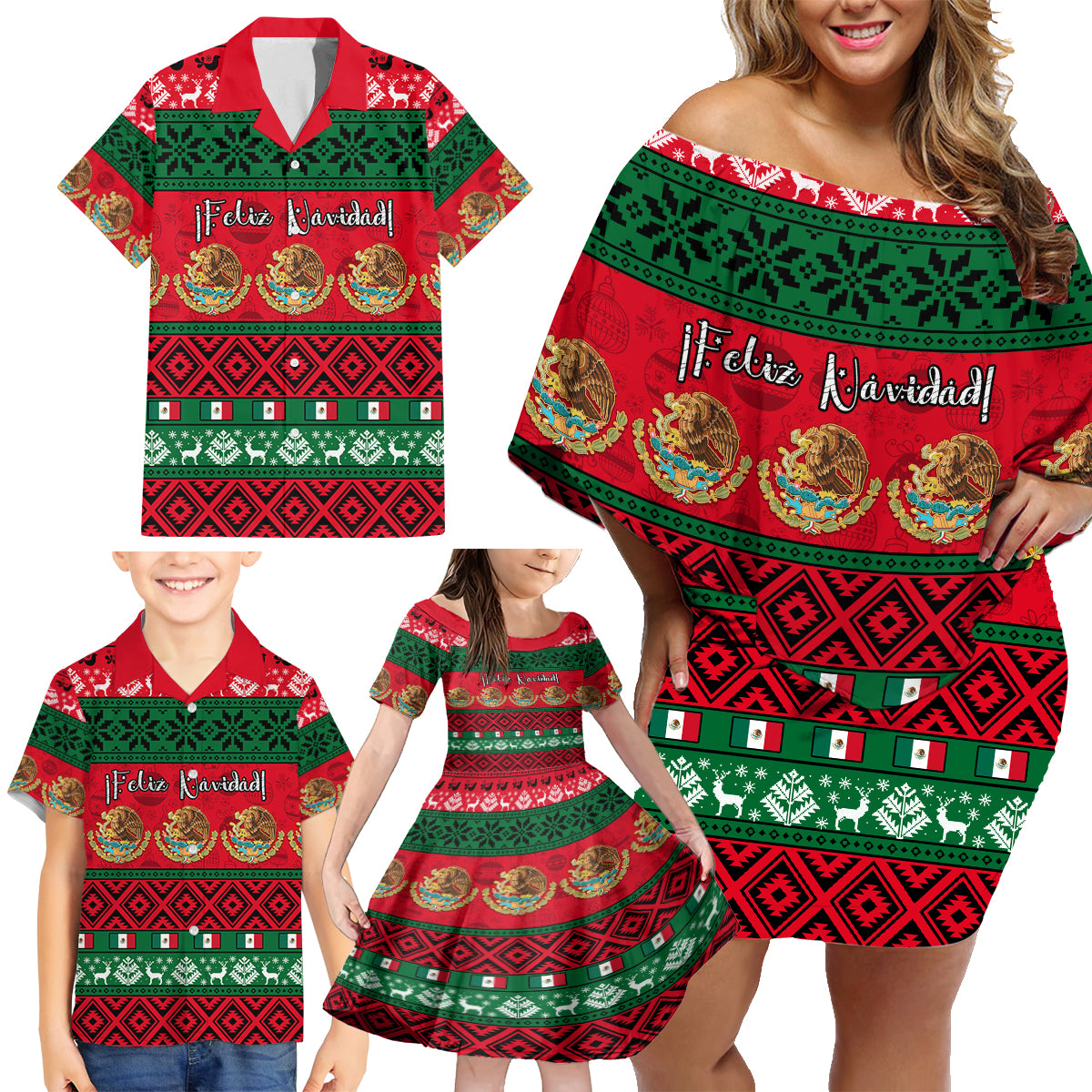 Personalised Mexico Christmas Family Matching Off Shoulder Short Dress and Hawaiian Shirt Feliz Navidad Mexican Pattern - Wonder Print Shop