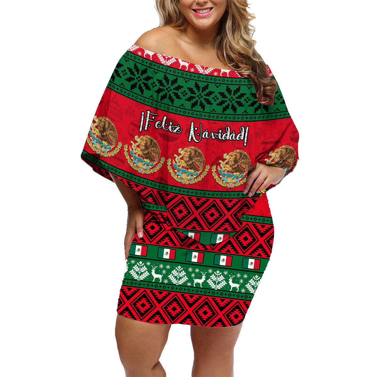Personalised Mexico Christmas Family Matching Off Shoulder Short Dress and Hawaiian Shirt Feliz Navidad Mexican Pattern - Wonder Print Shop