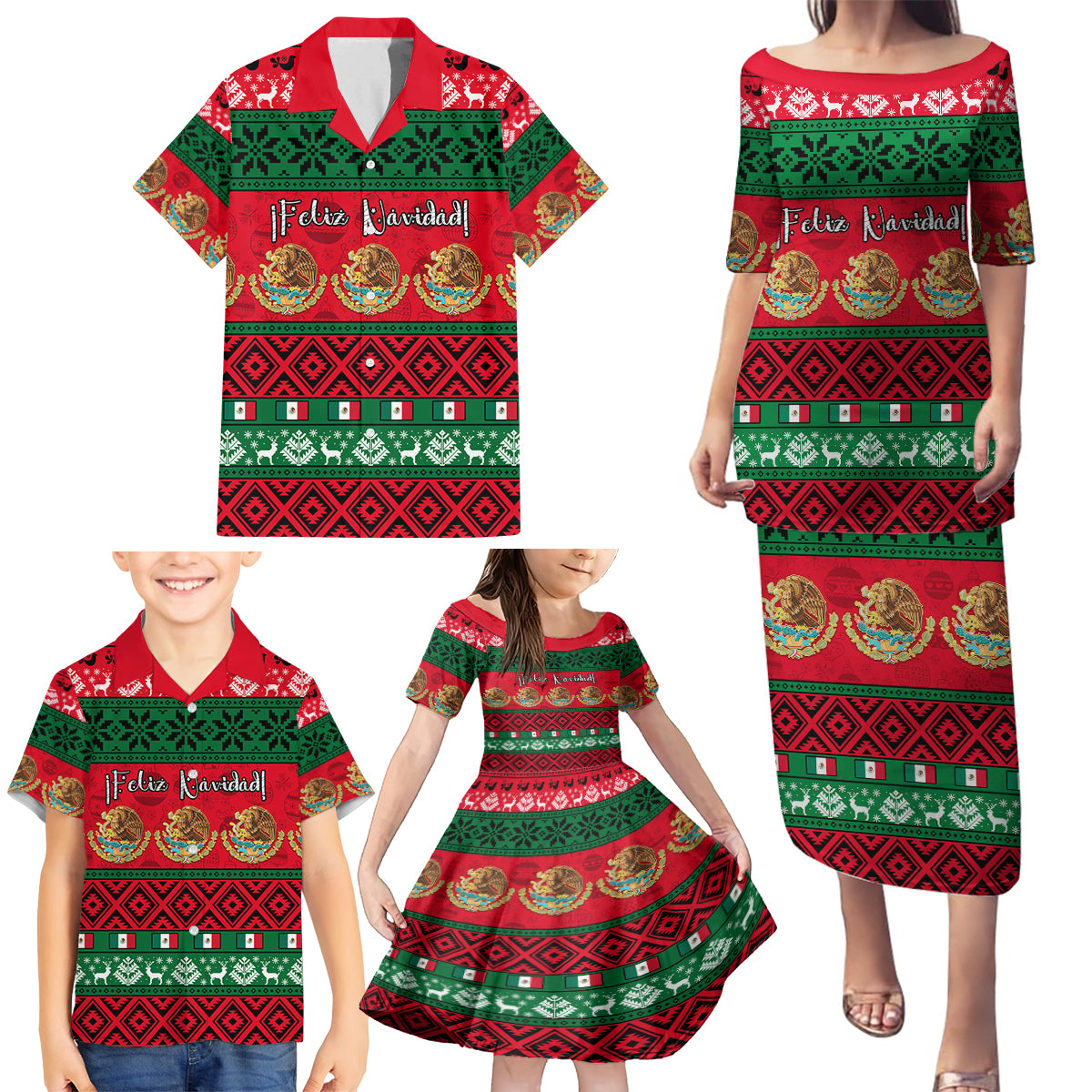 Personalised Mexico Christmas Family Matching Puletasi Dress and Hawaiian Shirt Feliz Navidad Mexican Pattern - Wonder Print Shop