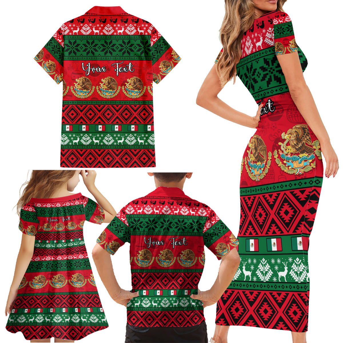 Personalised Mexico Christmas Family Matching Short Sleeve Bodycon Dress and Hawaiian Shirt Feliz Navidad Mexican Pattern - Wonder Print Shop
