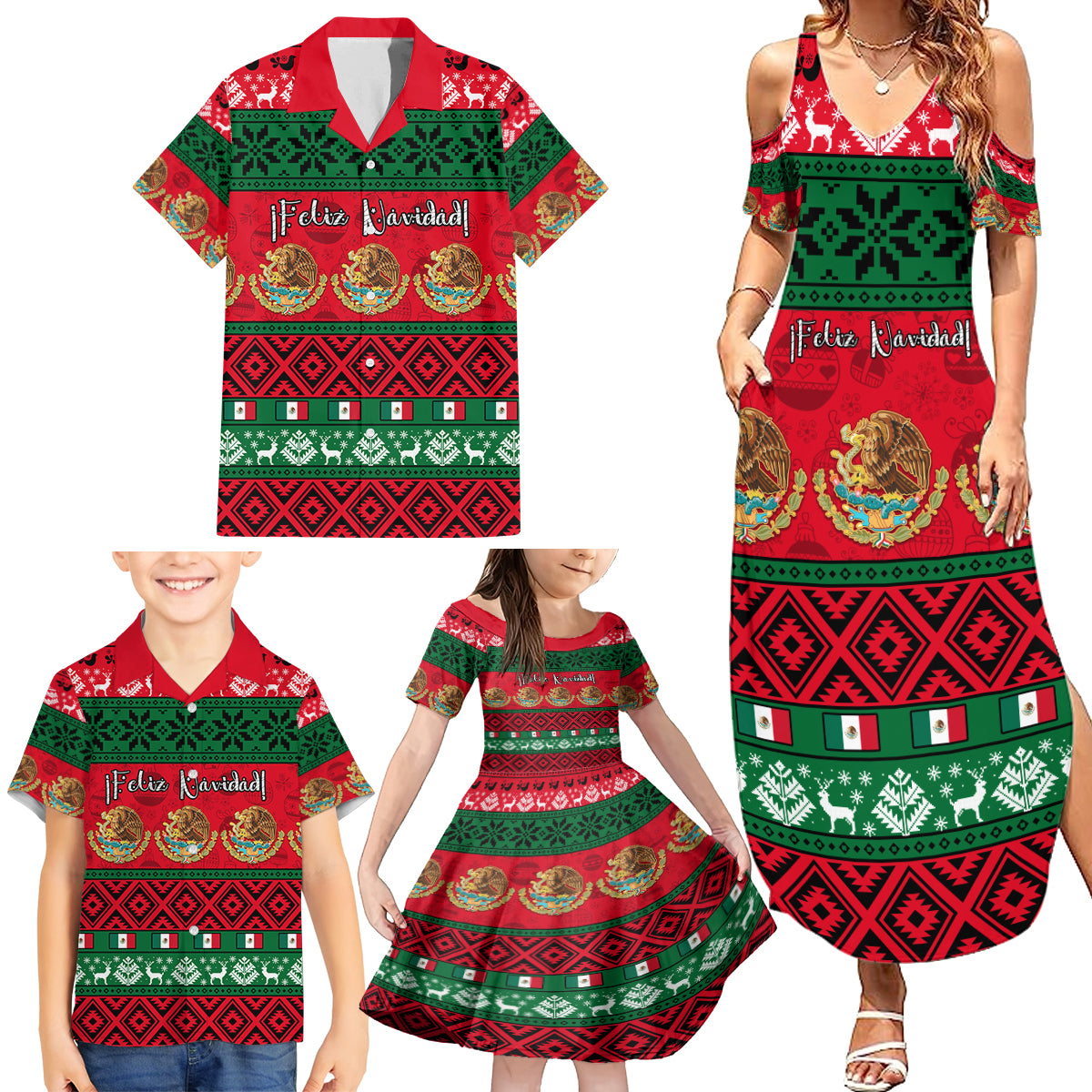 Personalised Mexico Christmas Family Matching Summer Maxi Dress and Hawaiian Shirt Feliz Navidad Mexican Pattern - Wonder Print Shop