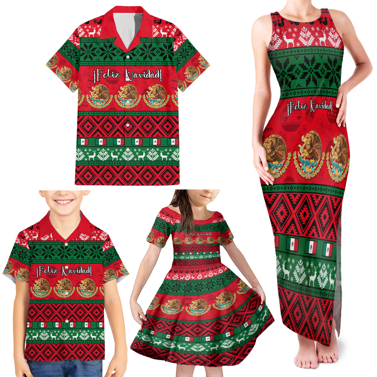 Personalised Mexico Christmas Family Matching Tank Maxi Dress and Hawaiian Shirt Feliz Navidad Mexican Pattern - Wonder Print Shop