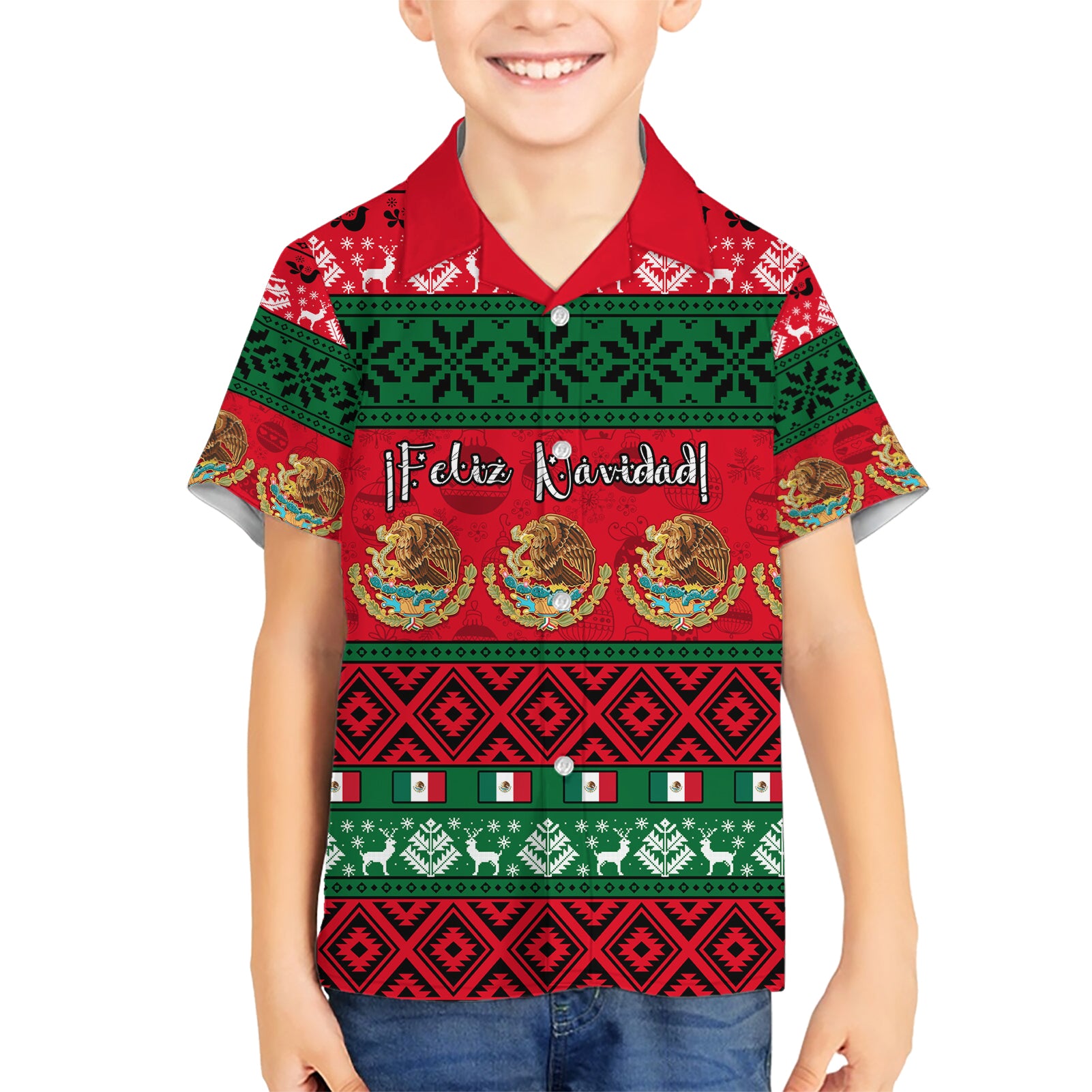 Personalised Mexico Christmas Kid Hawaiian Shirt Feliz Navidad Mexican Pattern - Wonder Print Shop