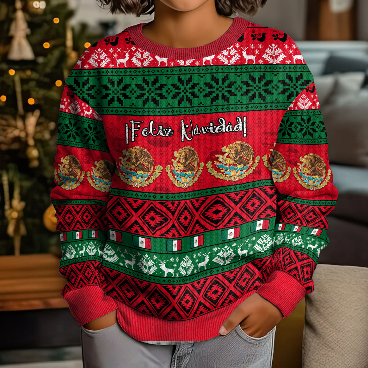 Personalised Mexico Christmas Kid Ugly Christmas Sweater Feliz Navidad Mexican Pattern - Wonder Print Shop