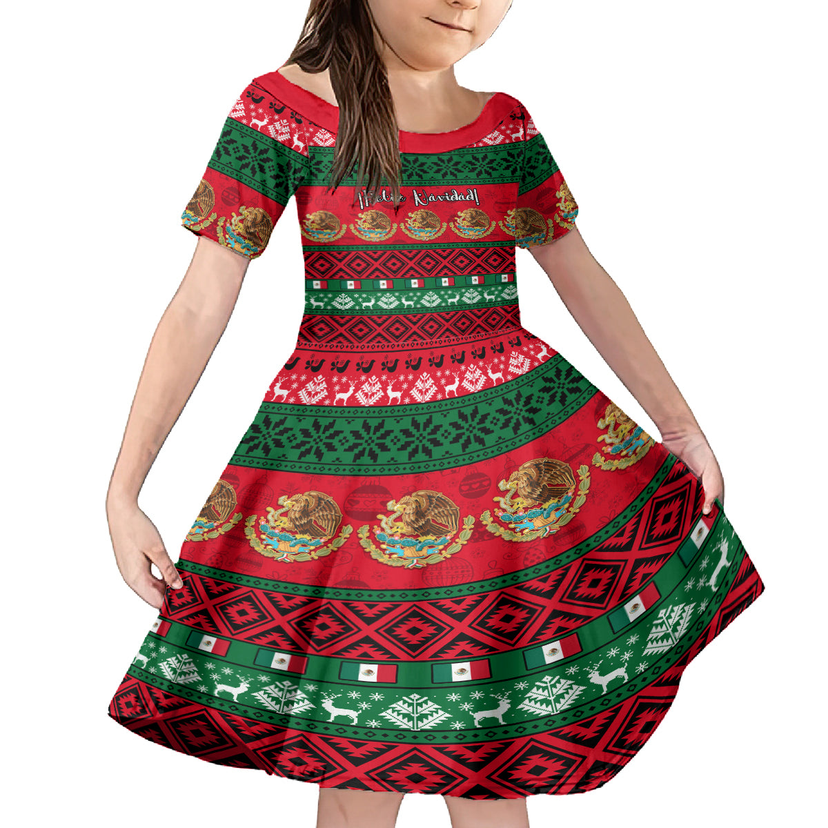 Personalised Mexico Christmas Kid Short Sleeve Dress Feliz Navidad Mexican Pattern - Wonder Print Shop