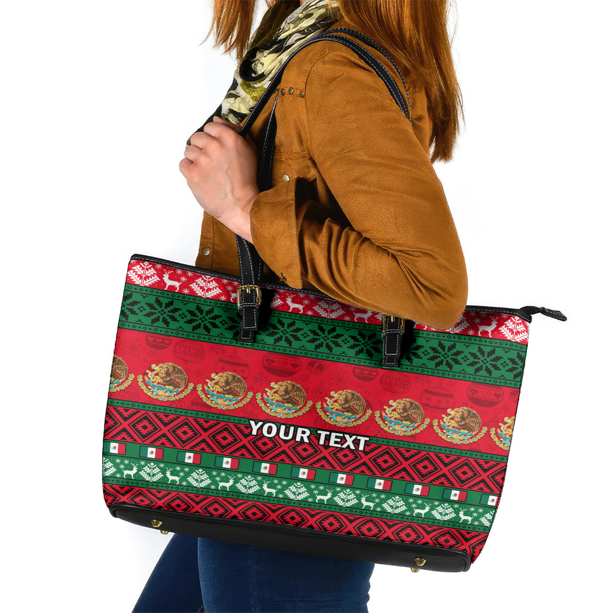Personalised Mexico Christmas Leather Tote Bag Feliz Navidad Mexican Pattern - Wonder Print Shop