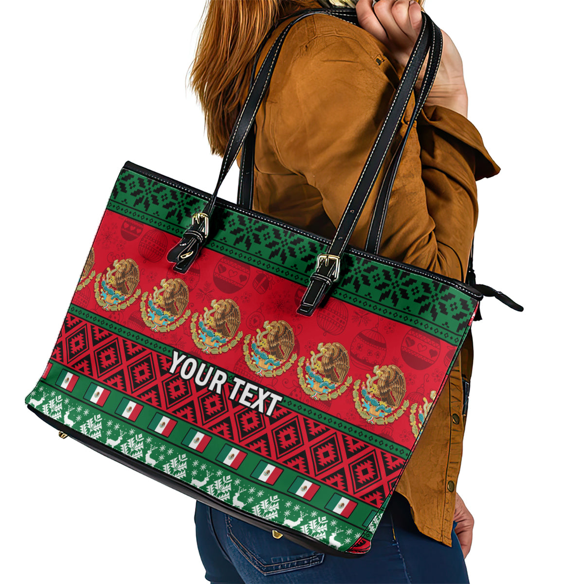 Personalised Mexico Christmas Leather Tote Bag Feliz Navidad Mexican Pattern - Wonder Print Shop