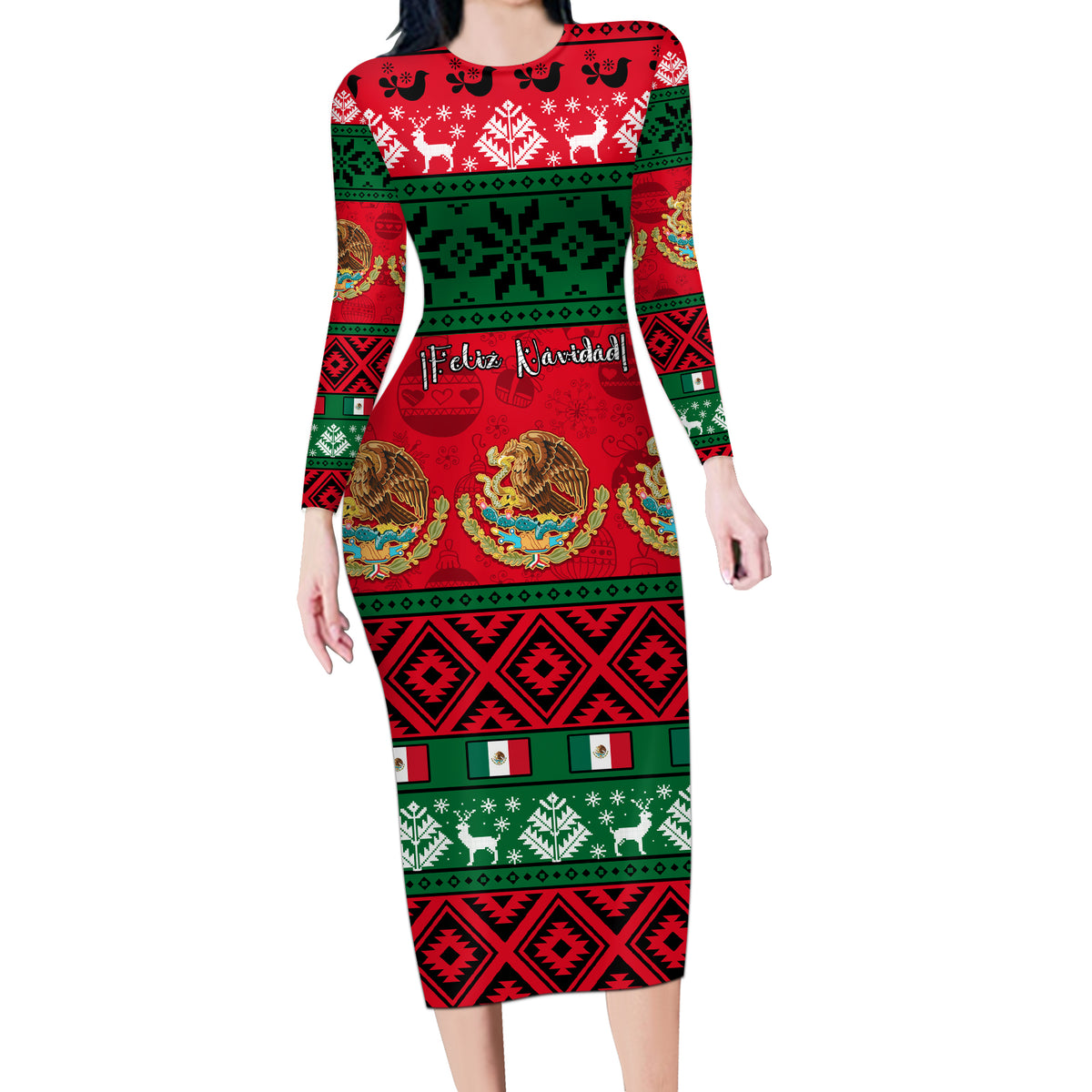 Personalised Mexico Christmas Long Sleeve Bodycon Dress Feliz Navidad Mexican Pattern - Wonder Print Shop