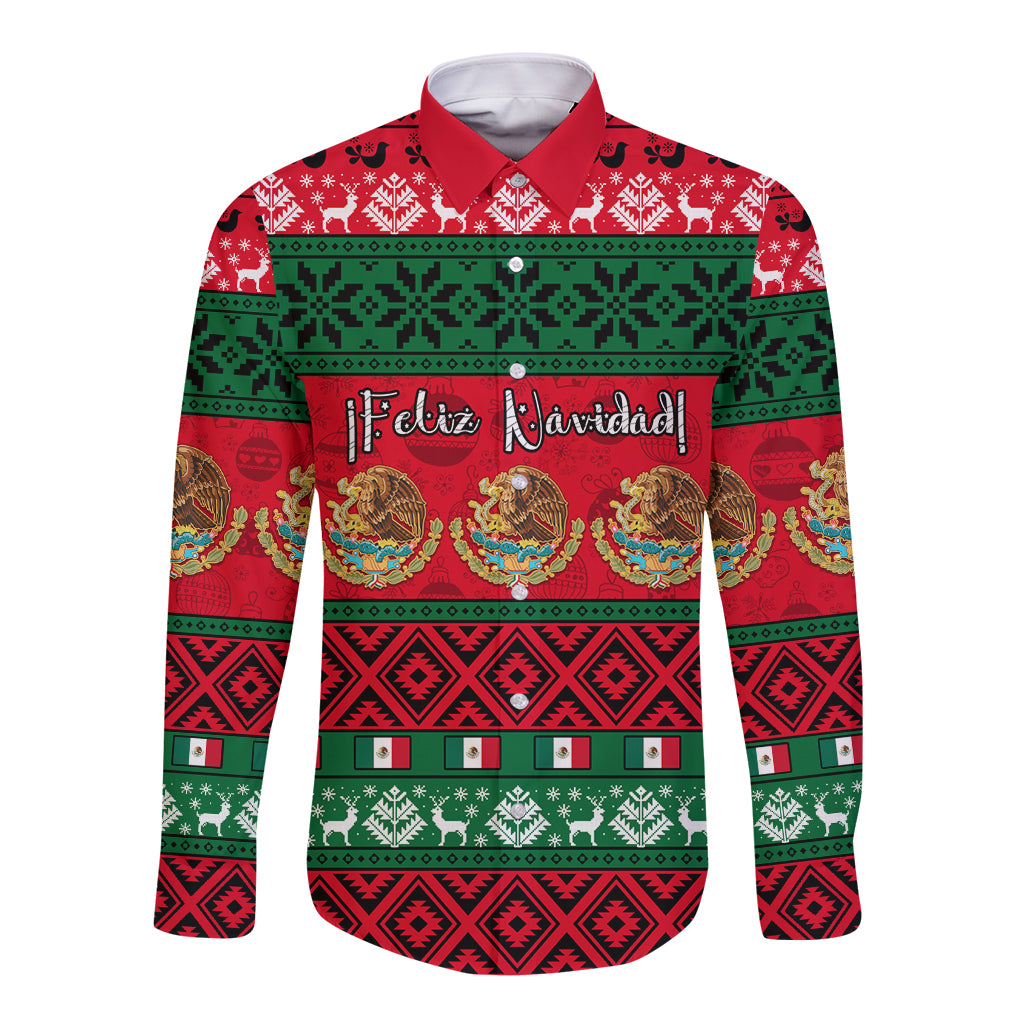 Personalised Mexico Christmas Long Sleeve Button Shirt Feliz Navidad Mexican Pattern - Wonder Print Shop