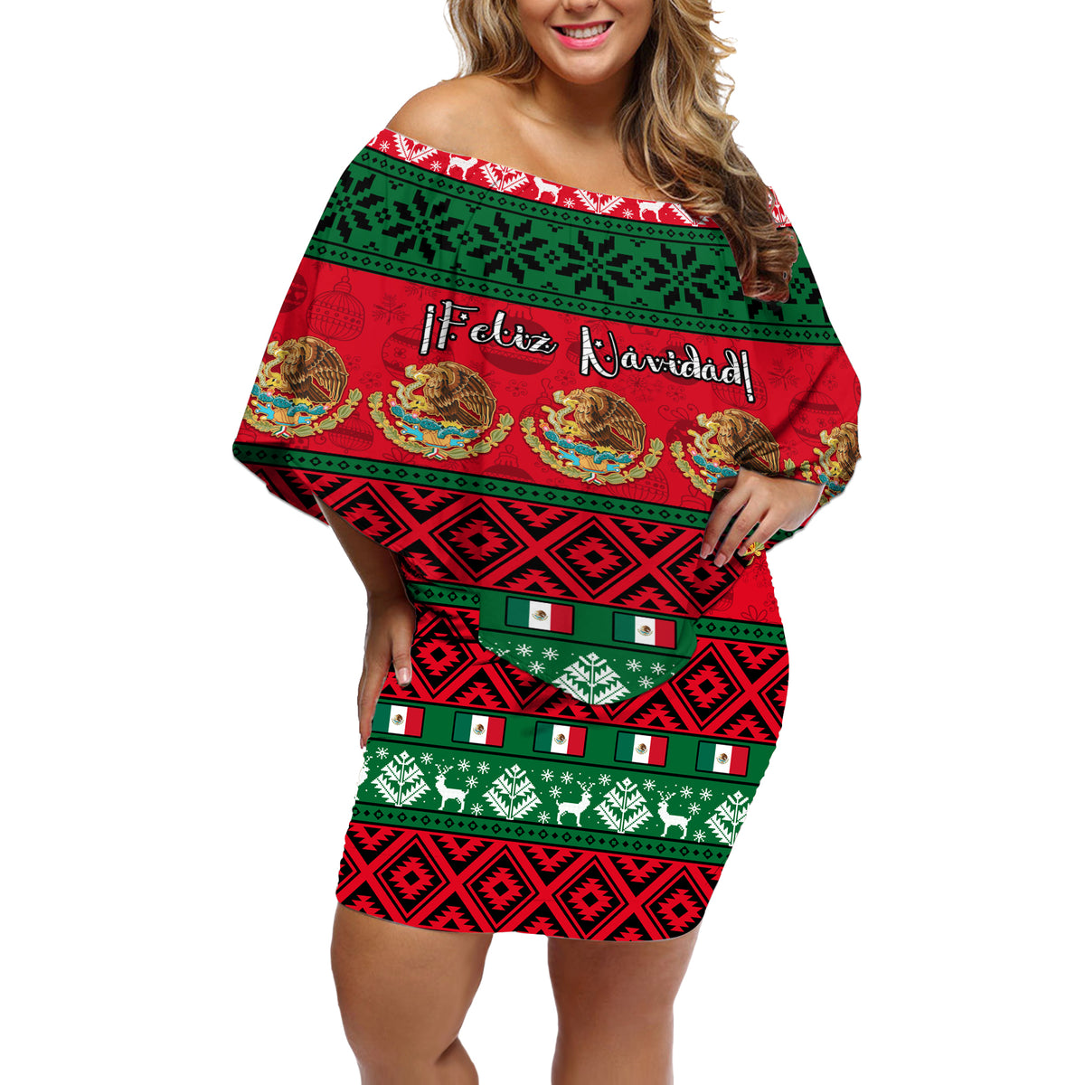 Personalised Mexico Christmas Off Shoulder Short Dress Feliz Navidad Mexican Pattern - Wonder Print Shop
